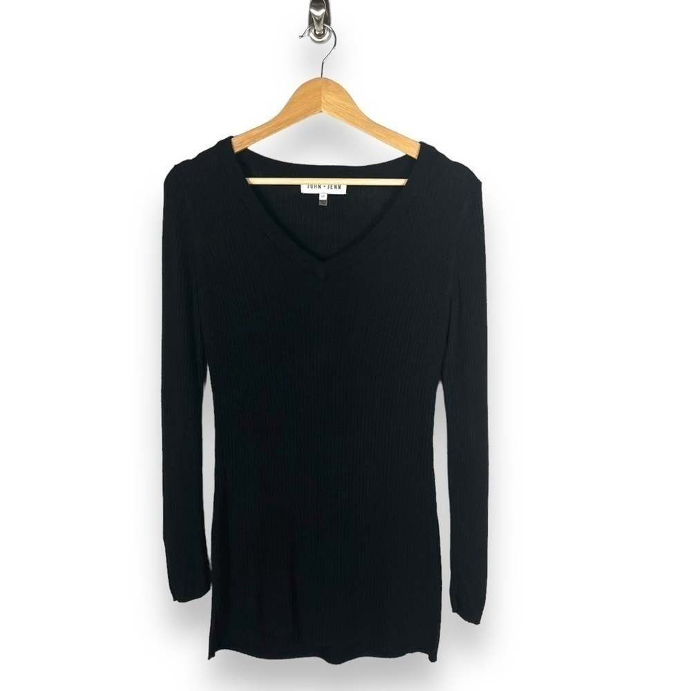 John + Jenn V Neck Ribbed Long Sleeve Top, Black, Size Small